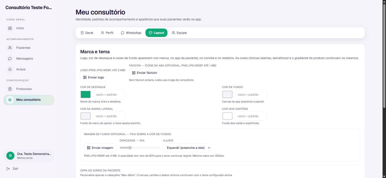 Tela de marca e tema do Follow Med, com logo, cores e pré-visualização